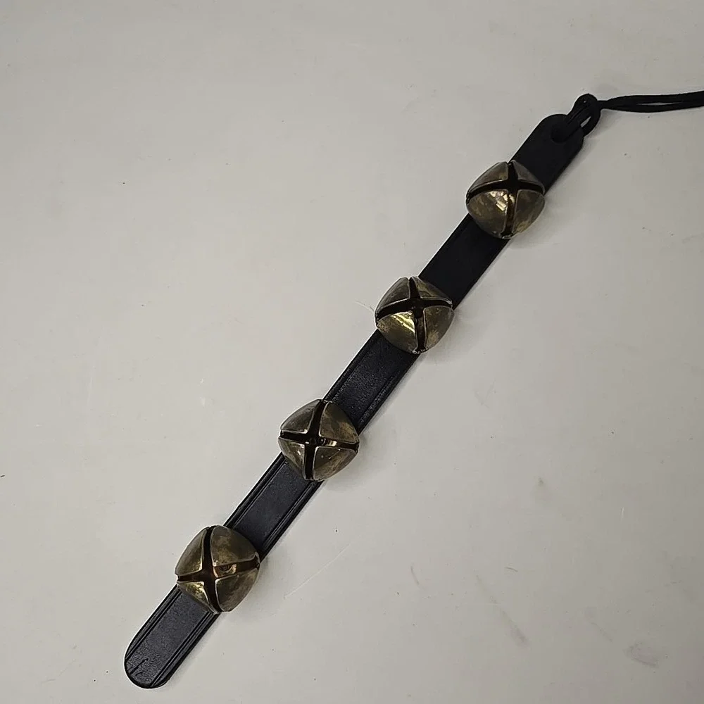 4-Bell Sleigh Bells, Antiqued‎ Brass Bells on Black Leather Strap, Handmade 14